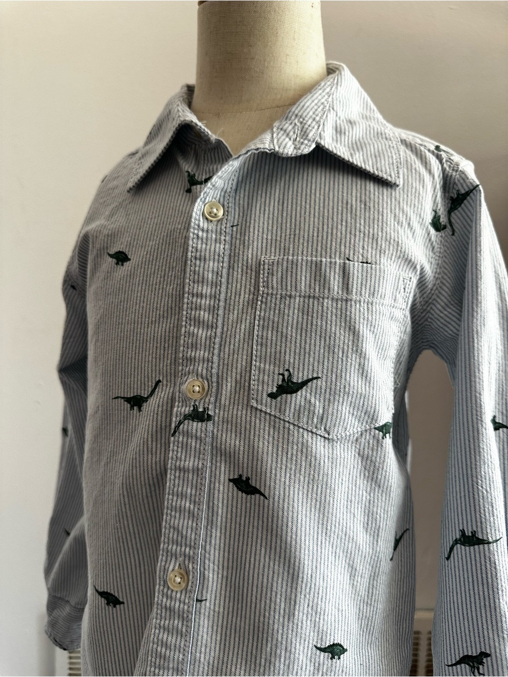 Boys' Light Blue Striped Dino Button-Up Shirt